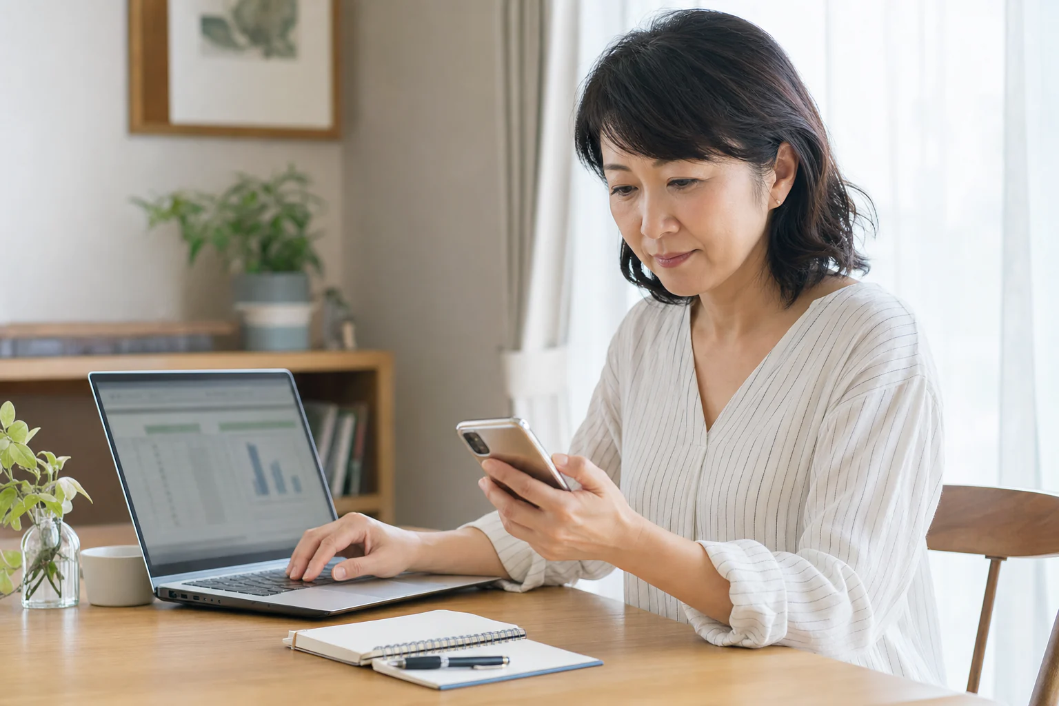 パソコンとスマートフォンを使って資料を整理する受講者