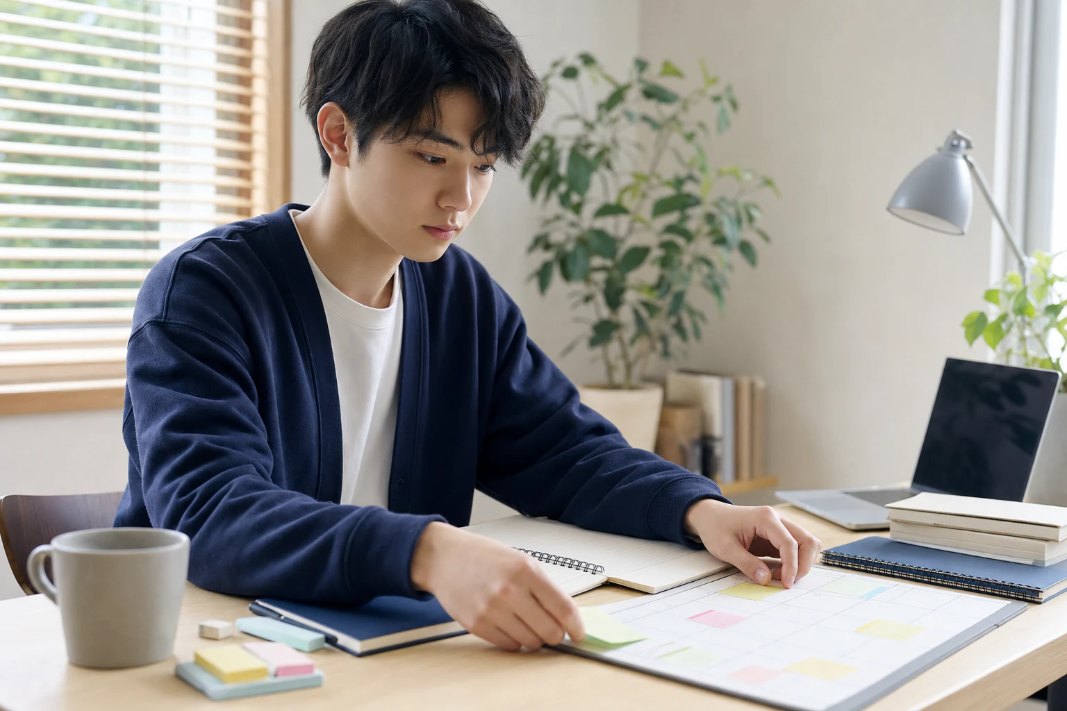 高卒認定に向けて教材とノートで学習する若者