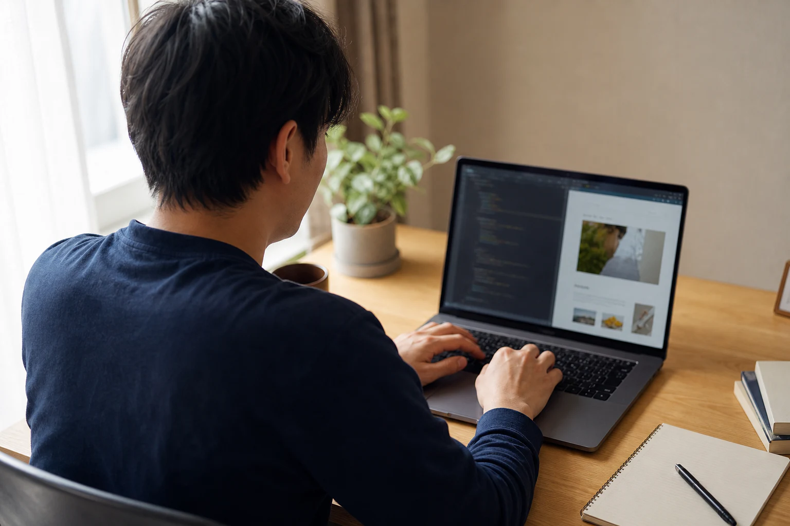 自宅のノートパソコンでWeb制作に取り組む若者