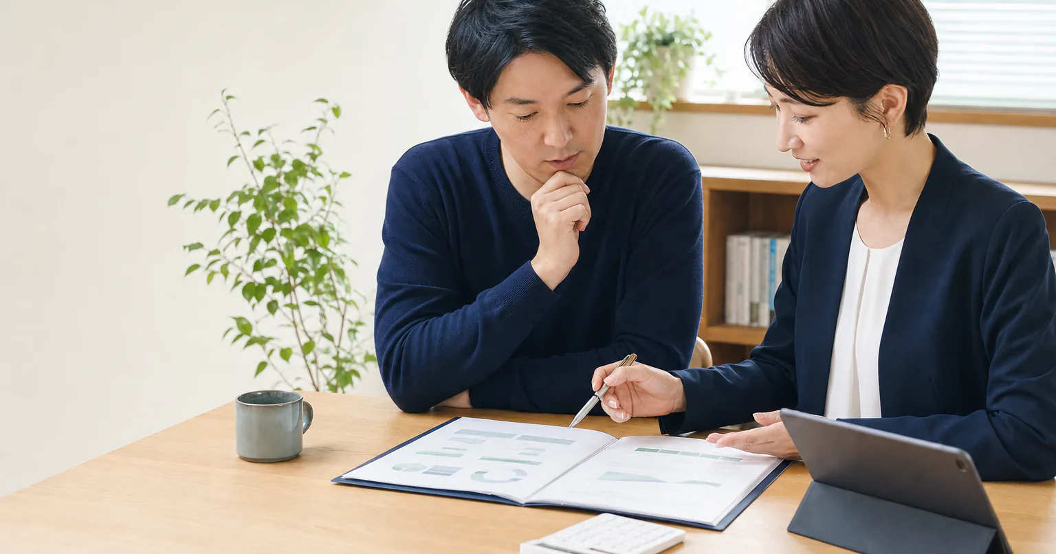 受講内容と費用の提案資料を相談相手と確認する受講希望者