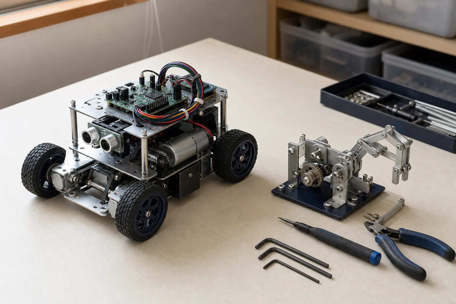 机の上で完成した小型ロボットと工具