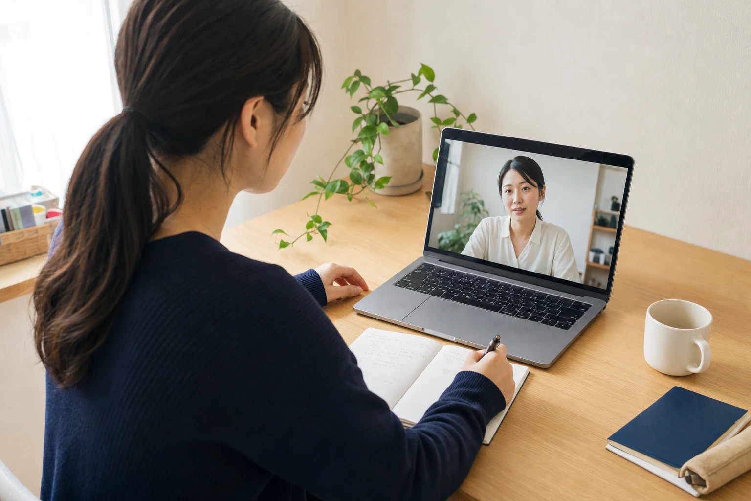 自宅からビデオ通話で相談しながらノートを取る受講者